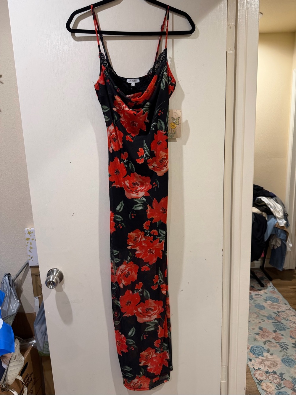 PERSAYA Black Red Green Floral Cowl Neck Lace Trim Strappy Slip Maxi Dress M